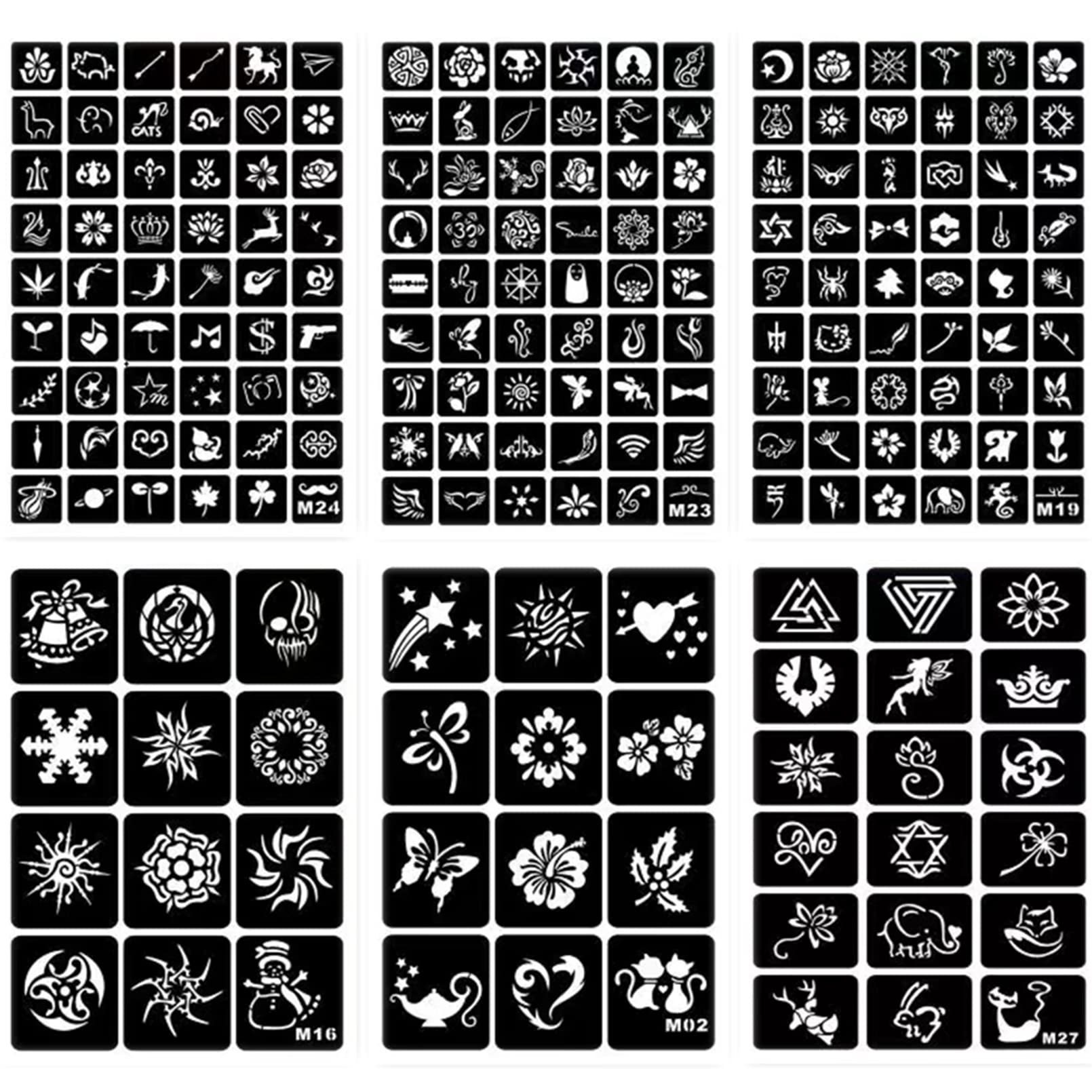 ChurlChurl 229pcs Henna Tattoo Stencils, 19 Sheets Temporary Tattoo Stencils for Women Girls Kids Face Body Paint DIY Art Glitter Airbrush Tattoo Stencils Pack