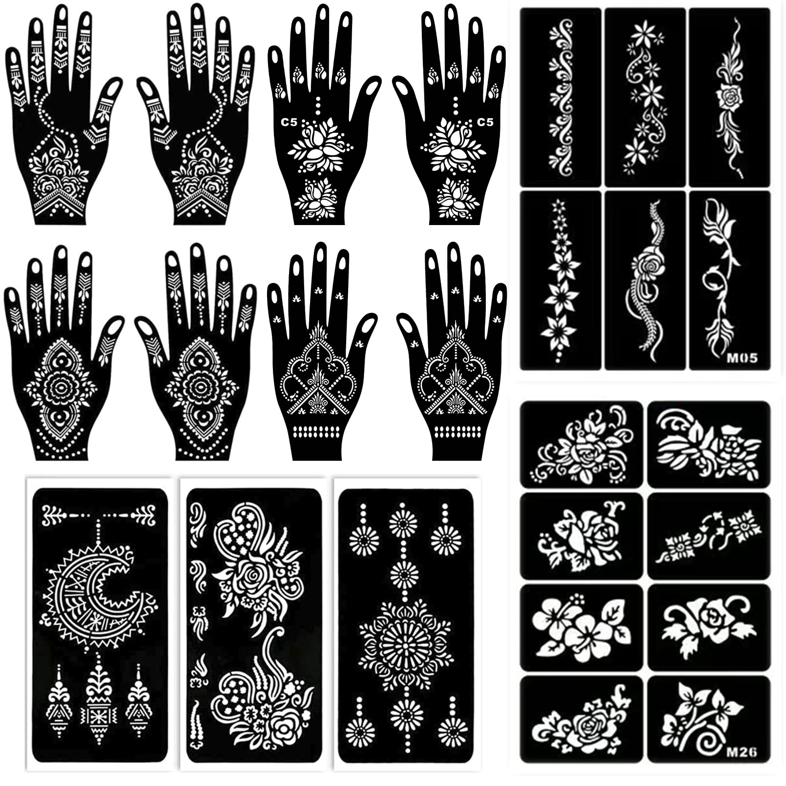 ChurlChurl 229pcs Henna Tattoo Stencils, 19 Sheets Temporary Tattoo Stencils for Women Girls Kids Face Body Paint DIY Art Glitter Airbrush Tattoo Stencils Pack