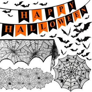 halloween decorations indoor set , -halloween fireplace mantel scarf & round table cover & lace table runner &halloween banner & 60 pcs scary 3d bat for halloween party decorations black