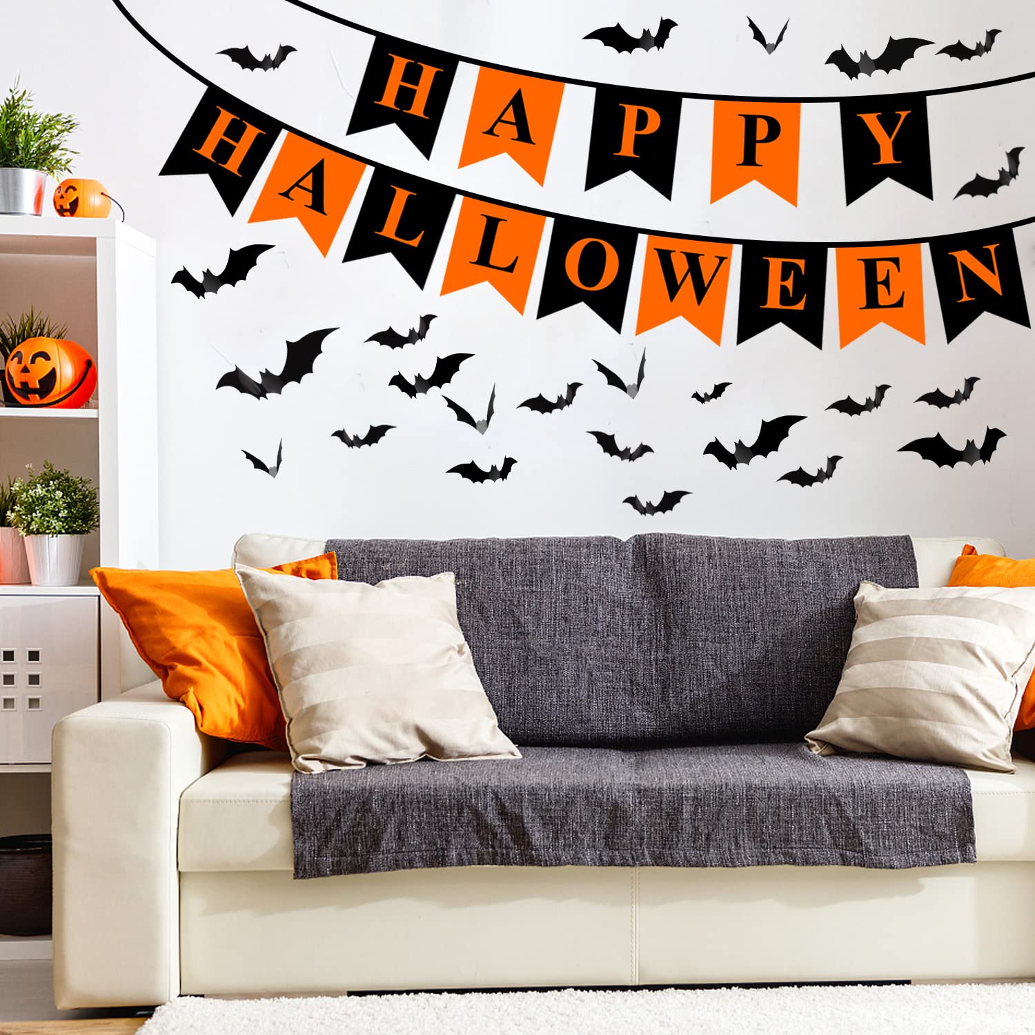 Halloween Decorations Indoor Set , -Halloween Fireplace Mantel Scarf & Round Table Cover & Lace Table Runner &Halloween Banner & 60 pcs Scary 3D Bat for Halloween Party Decorations Black