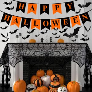 Halloween Decorations Indoor Set , -Halloween Fireplace Mantel Scarf & Round Table Cover & Lace Table Runner &Halloween Banner & 60 pcs Scary 3D Bat for Halloween Party Decorations Black