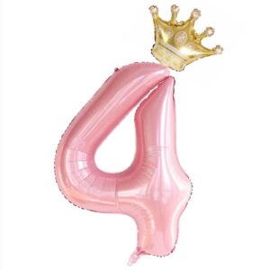 40inch pink crown number 4 balloons set, 4th birthday balloons for girls, childrens 4th birthday party decorations. (4)