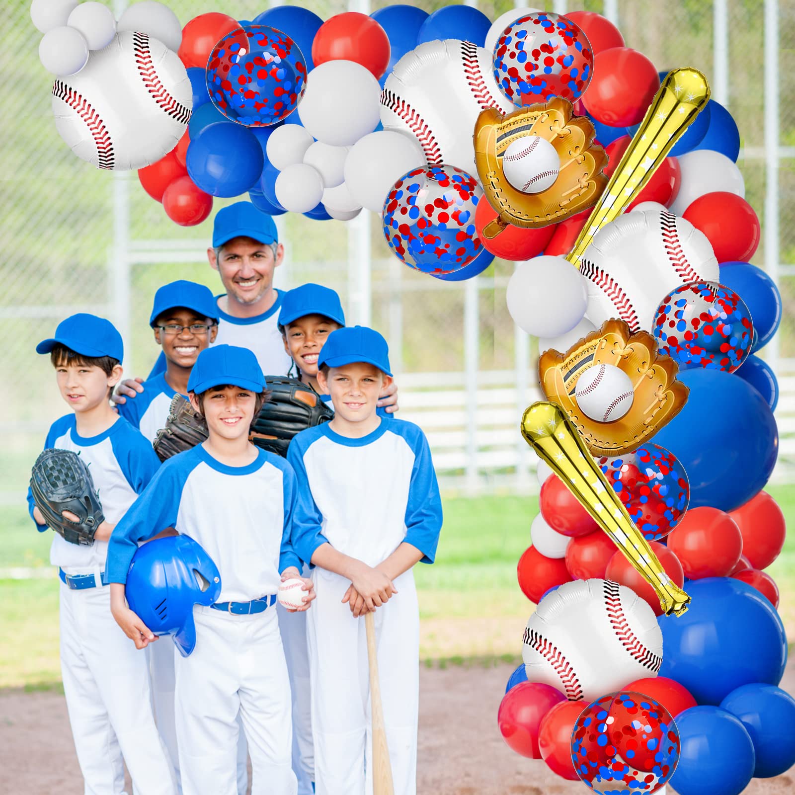 AobkDeco Baseball Balloon Garland Arch Kit Baseball Party Decorations with 113pcs Red White Blue Confetti Latex Balloons Baseball Foil Balloons for Baseball Theme Birthday Party Supplies Baby Shower