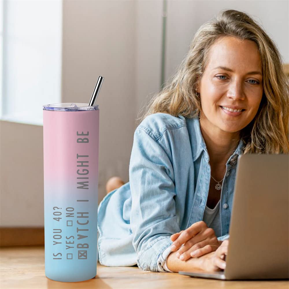 40th Birthday Gifts Women 40 Year Old Birthday Gifts For Women 20oz Funny Skinny 40th Birthday Cups Happy Birthday Gift For 1984 Woman Female Bday Present Pink Gradition Travel Tumbler With Lid Straw