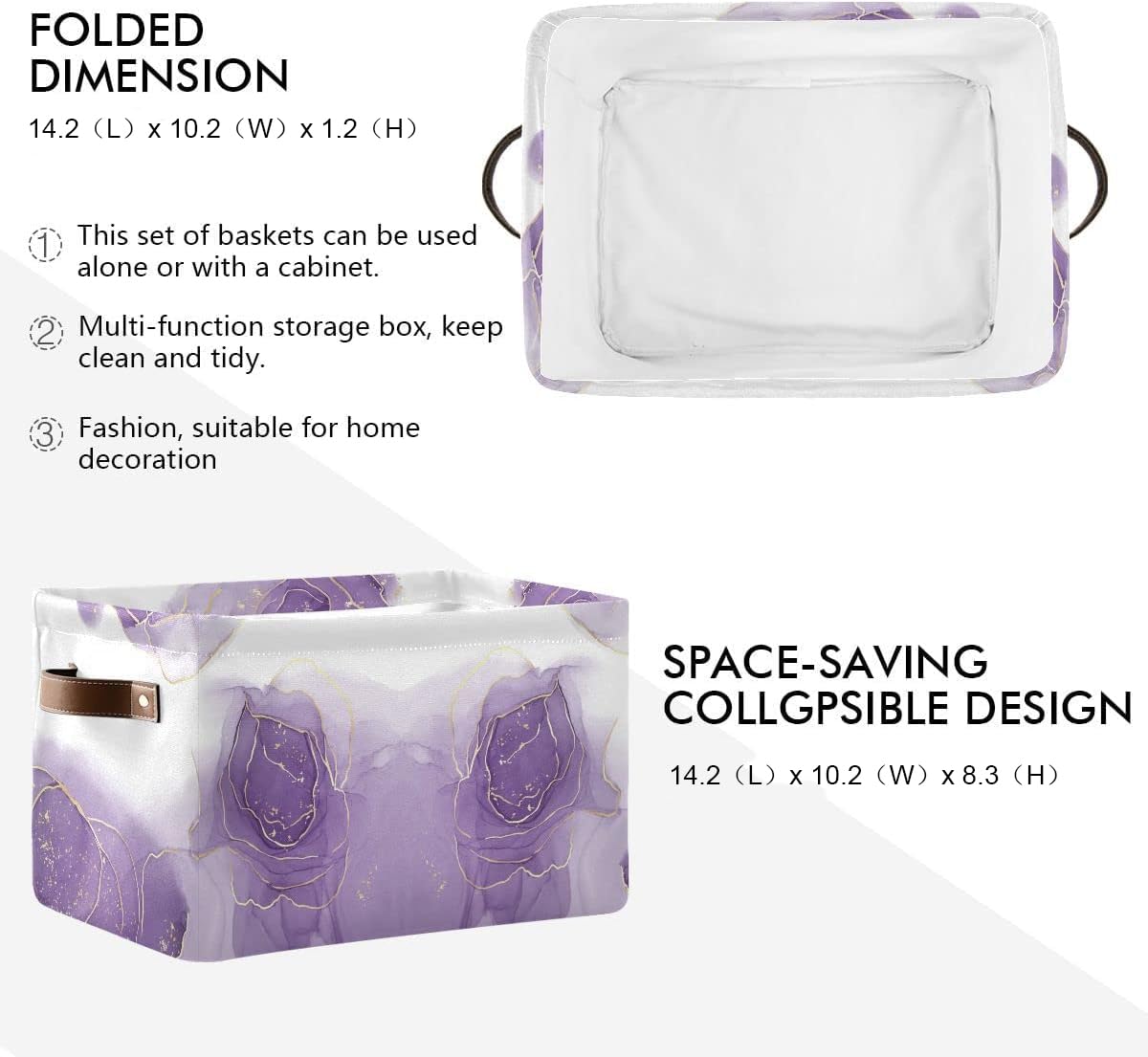 susiyo Storage Baskets for Shelves,Large Closet Baskets with Handles Collapsible Rectangular Canvas Fabric Storage Bin for Home (Purple 2 Pack, 14.2" L×10.2" W×8.3" H)