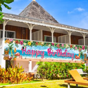 hawaiian luau birthday party decoration banner, aloha tropical flamingo birthday party supplies yard sign, luau party birthday party background for indoor outdoor decoration (rose red)