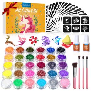 glitter tattoo kit, bledras 30 colors temporary tattoo set for girls, 147 stencils, 4 brushes, 2 glue, glitter tattoos for kids or adults, gift for girls boys, carnival birthday festival party
