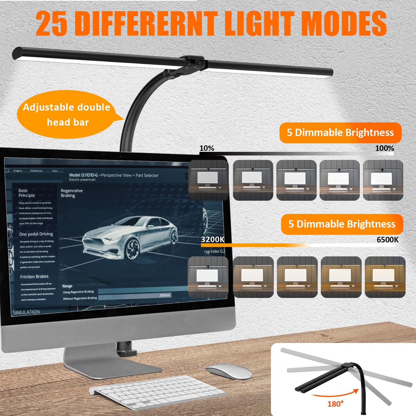 SICCOO LED Double Head Desk Lamp,24W Brightest Architect Double Swing-arm Table Lamps,5 Adjustable Brightness Color Temperature ，for Workbench/Monitor/Home/Reading/Offices/Bedrooms/Dormitories