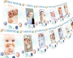 fangleland outer space theme 1st birthday photo banner, first trip around the sun birthday decoration - blue baby picture banner for newborn to 12 months’ boy