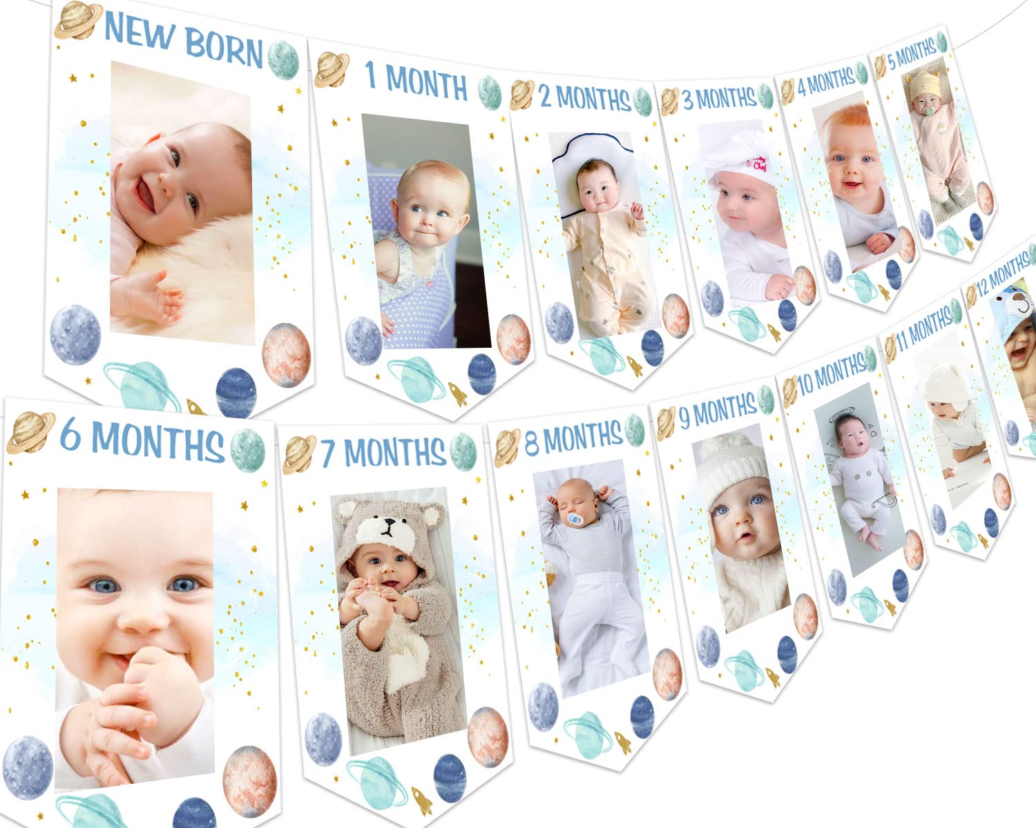 Fangleland Outer Space Theme 1st Birthday Photo Banner, First Trip Around The Sun Birthday Decoration - Blue Baby Picture Banner for Newborn to 12 Months’ Boy