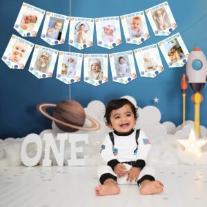 Fangleland Outer Space Theme 1st Birthday Photo Banner, First Trip Around The Sun Birthday Decoration - Blue Baby Picture Banner for Newborn to 12 Months’ Boy