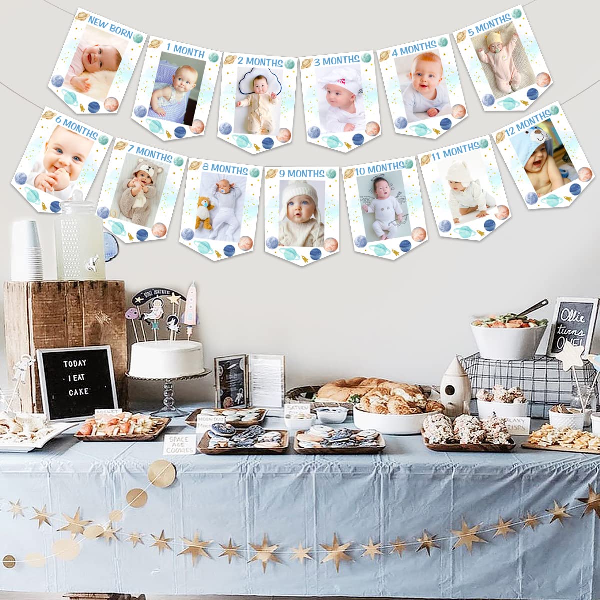 Fangleland Outer Space Theme 1st Birthday Photo Banner, First Trip Around The Sun Birthday Decoration - Blue Baby Picture Banner for Newborn to 12 Months’ Boy