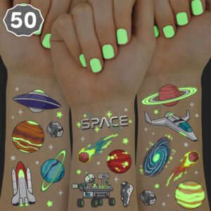 xo, fetti space + planets glow in dark temporary tattoos for kids - 50 pcs | alien birthday party supplies, astronaut favors + rocket ship decorations