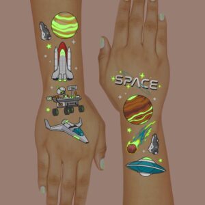 xo, Fetti Space + Planets Glow in Dark Temporary Tattoos for Kids - 50 pcs | Alien Birthday Party Supplies, Astronaut Favors + Rocket ship Decorations