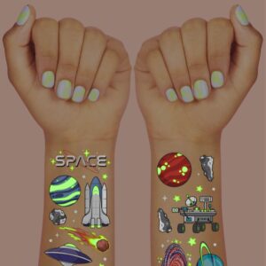 xo, Fetti Space + Planets Glow in Dark Temporary Tattoos for Kids - 50 pcs | Alien Birthday Party Supplies, Astronaut Favors + Rocket ship Decorations