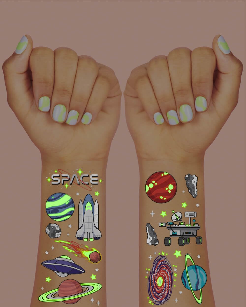 xo, Fetti Space + Planets Glow in Dark Temporary Tattoos for Kids - 50 pcs | Alien Birthday Party Supplies, Astronaut Favors + Rocket ship Decorations