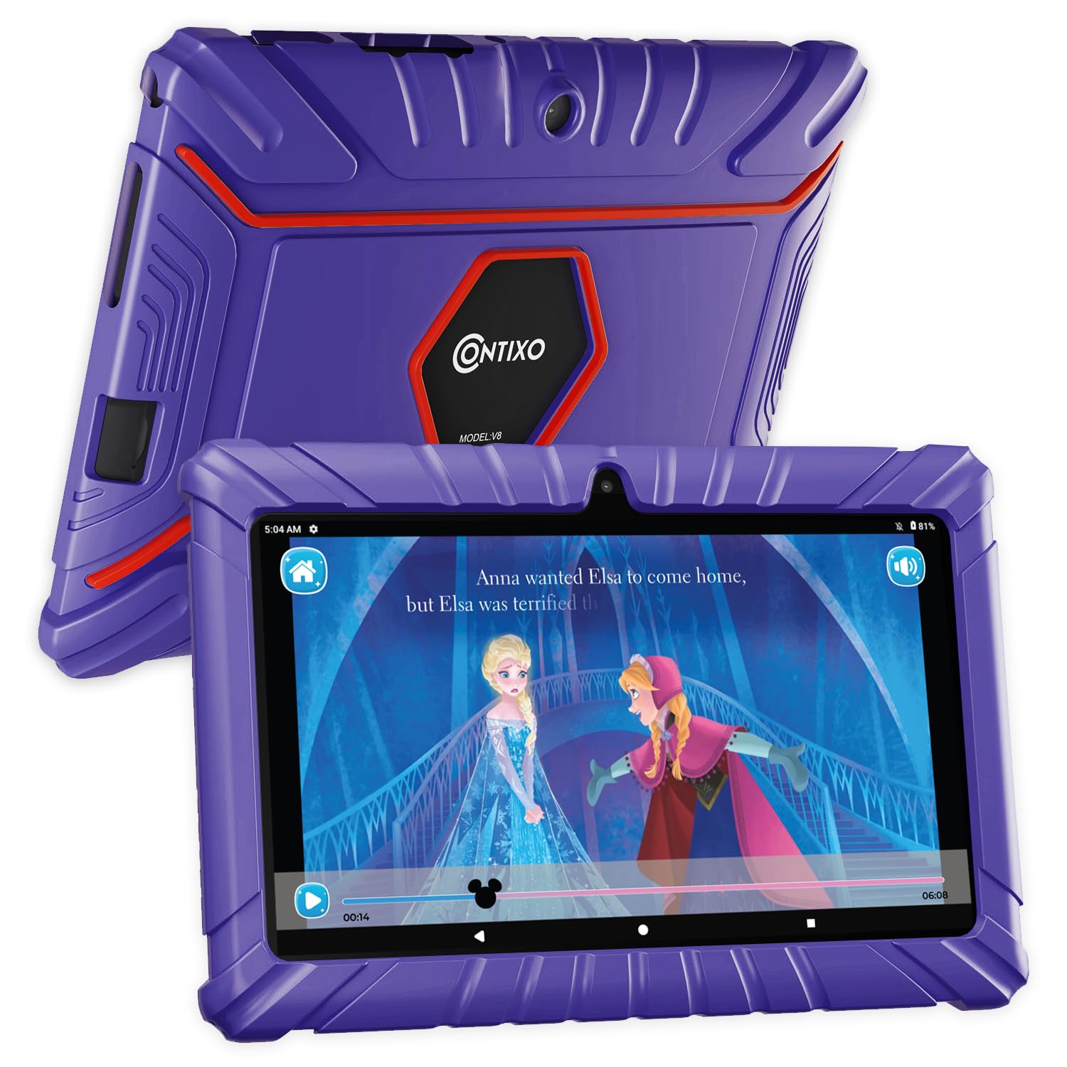 Contixo V8 7” Kids Tablet, 2GB RAM, 32GB Storage, Android 11 GO, Ultimate Learning Tablet for Children with 50+ Disney Storybooks, Kid Proof Protection Case, Purple