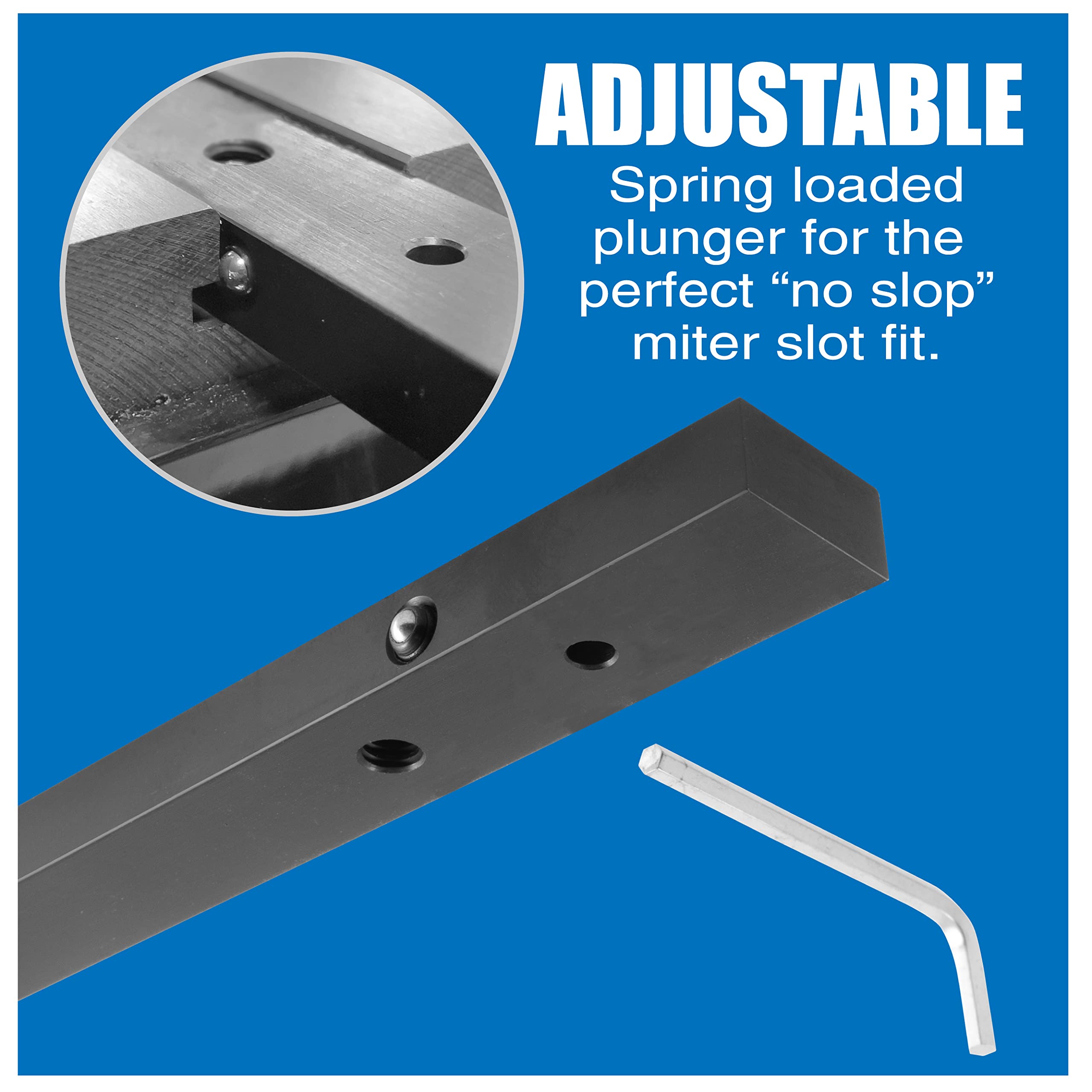 Peachtree Woodworking 19 inch Precision Aluminum Miter Bar Rail Runner w/Adjustable Spring Loaded Plungers •DIY Table Saw Crosscut Sleds •Jigs •Works w/ 3/4 by 3/8 inch Miter Slots •Mounting Hardware