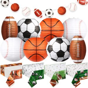 sports party decorations set include 8 pcs sports paper lanterns hanging lanterns 4 pcs basketball baseball tablecloth football soccer ball table cover 2 pcs sports theme banner for kids party favors