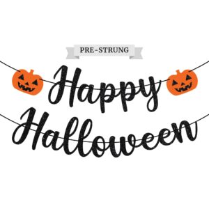 pre-strung happy halloween banner - no diy - black glitter halloween banner - pre-strung garland on 6 ft strand - pumpkin jack o'lantern halloween party decorations & decor. did we mention no diy?