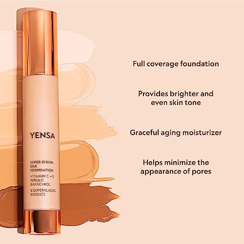 YENSA Super Silk Foundation - Full Coverage, Age-defying complex of Vitamin C, E, Ferulic, and Bakuchiol Oil (Light Medium 1) 1.0 fl oz