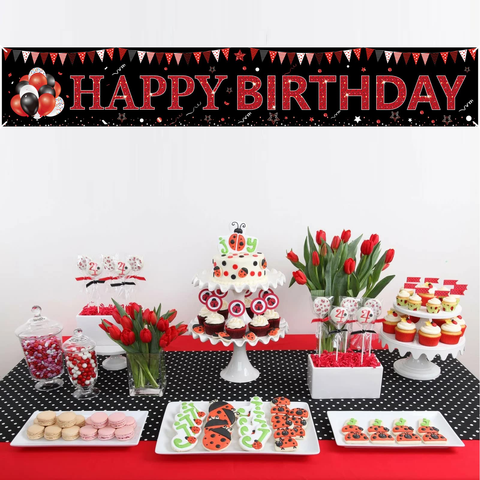 Red and Black Happy Birthday Banner Decorations, Large Red Black Happy Birthday Yard Banner Sign Party Supplies for Men Women, 16th 21st 30th 40th 50th 60th Birthday Background