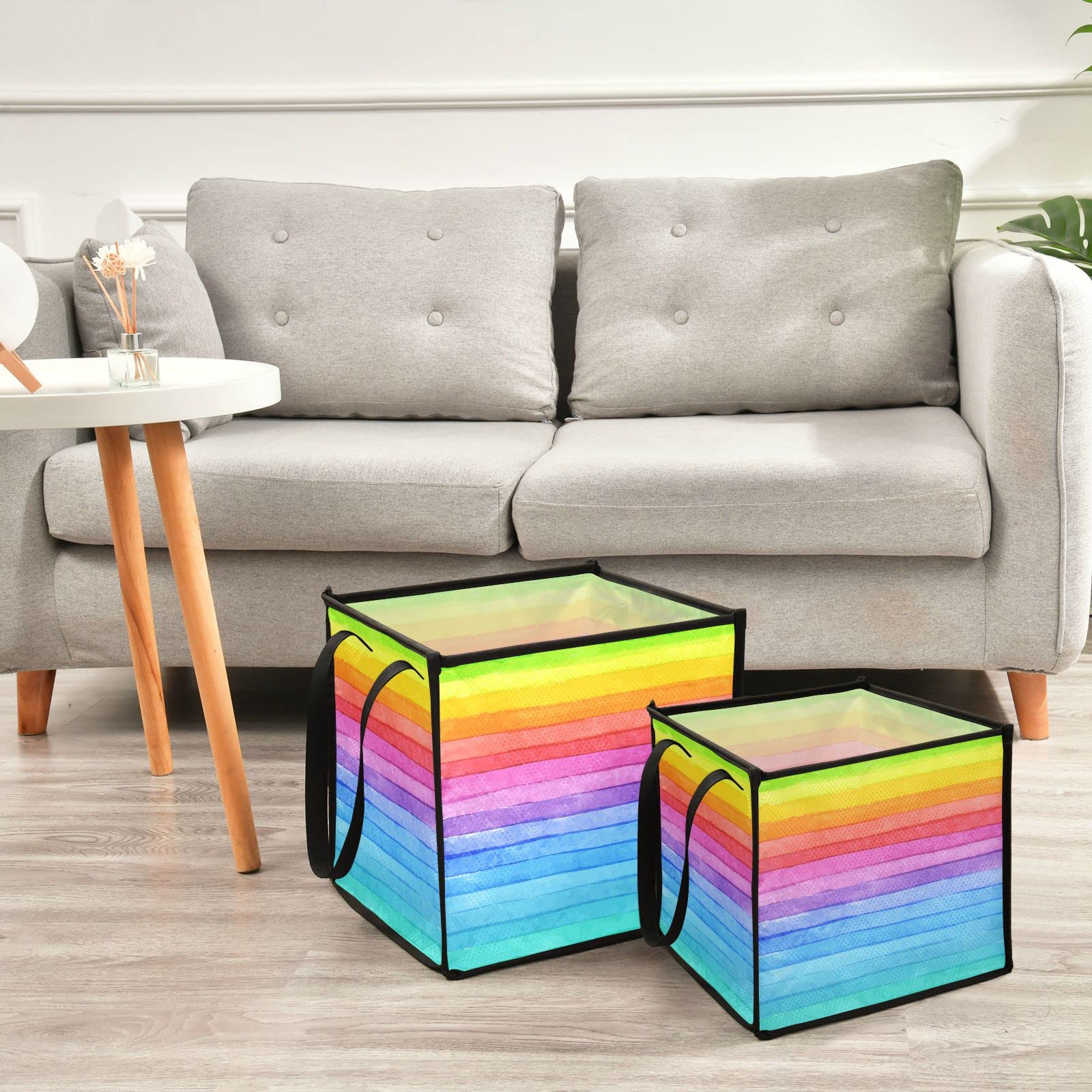 Blueangle Rainbow Striped Cube Storage Bin with Handles, 13 x 13 x 13 in, Large Collapsible Organizer Storage Basket for Home Décor（84）