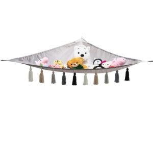 ocioli stuffed animal storage stuffed animal net or hammock macrame toy hammock with colorful tassels & wooden beads decor stuffed animal hammock for kid room,playroom,nursery room(grey color)