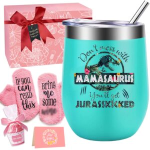 kaira mom birthday christmas gifts -tumbler mugs gifts set for mom from daughter, son, husband -gifts for new mom,wife, women - funny mothers day presents - 12oz mamasaurus cup with lid straw (mint)