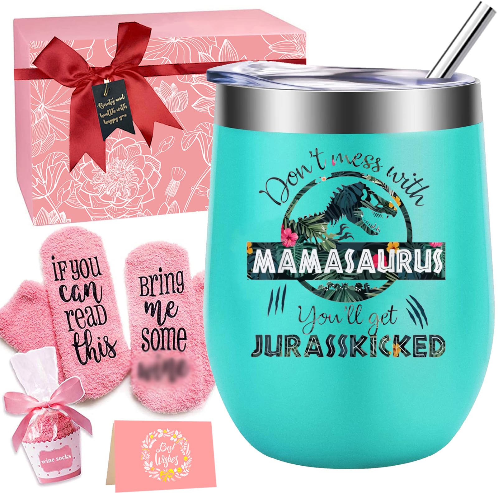 KAIRA Mom Birthday Christmas Gifts -Tumbler Mugs Gifts Set For Mom From Daughter, Son, Husband -Gifts For New Mom,Wife, Women - Funny Mothers Day Presents - 12oz Mamasaurus Cup with Lid Straw (Mint)