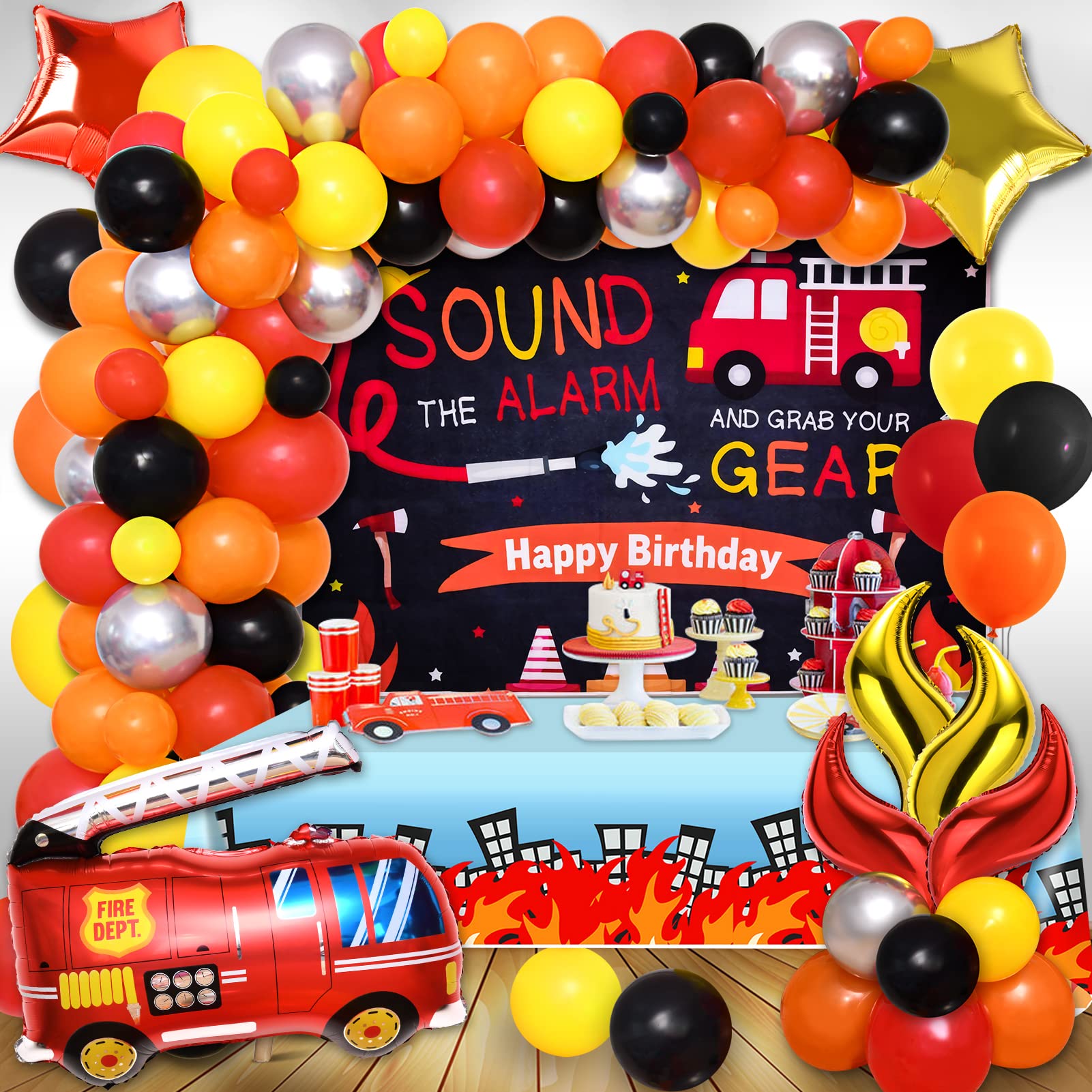 Winrayk Fire Truck Birthday Party Decorations Supplies for Boys Kids Teen, Fire Balloon Arch & Backdrop Tablecloth Fire Truck Flame Star Foil Balloon Fireman Firefighter Firetruck Birthday Decorations