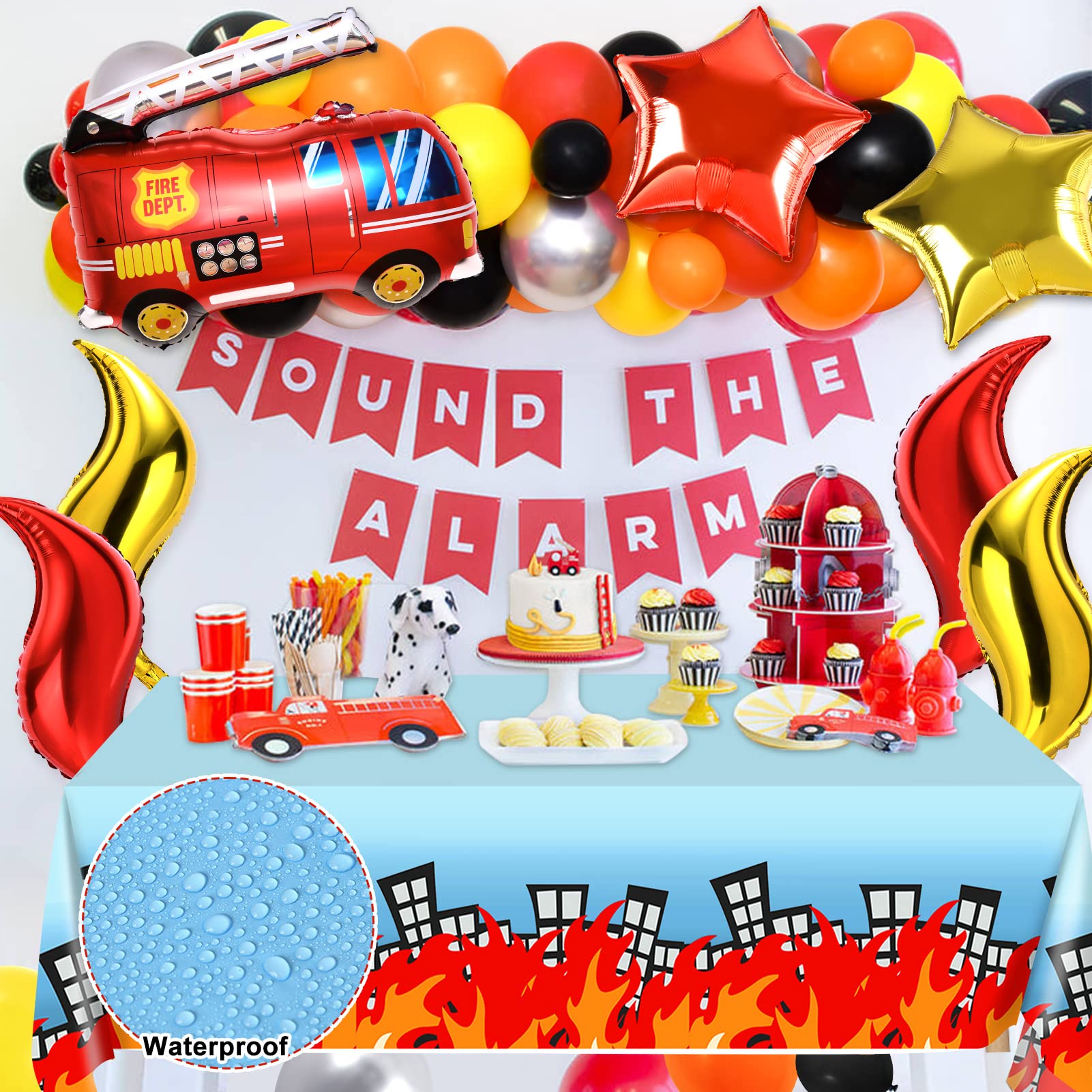 Winrayk Fire Truck Birthday Party Decorations Supplies for Boys Kids Teen, Fire Balloon Arch & Backdrop Tablecloth Fire Truck Flame Star Foil Balloon Fireman Firefighter Firetruck Birthday Decorations