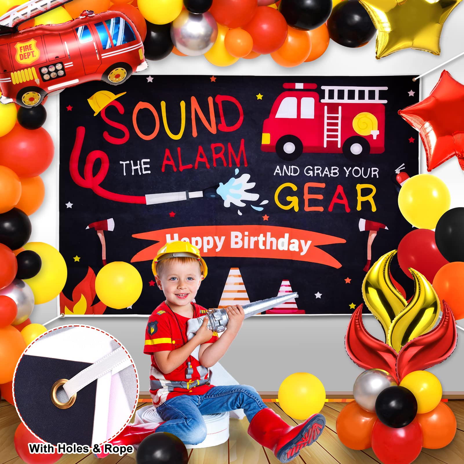 Winrayk Fire Truck Birthday Party Decorations Supplies for Boys Kids Teen, Fire Balloon Arch & Backdrop Tablecloth Fire Truck Flame Star Foil Balloon Fireman Firefighter Firetruck Birthday Decorations