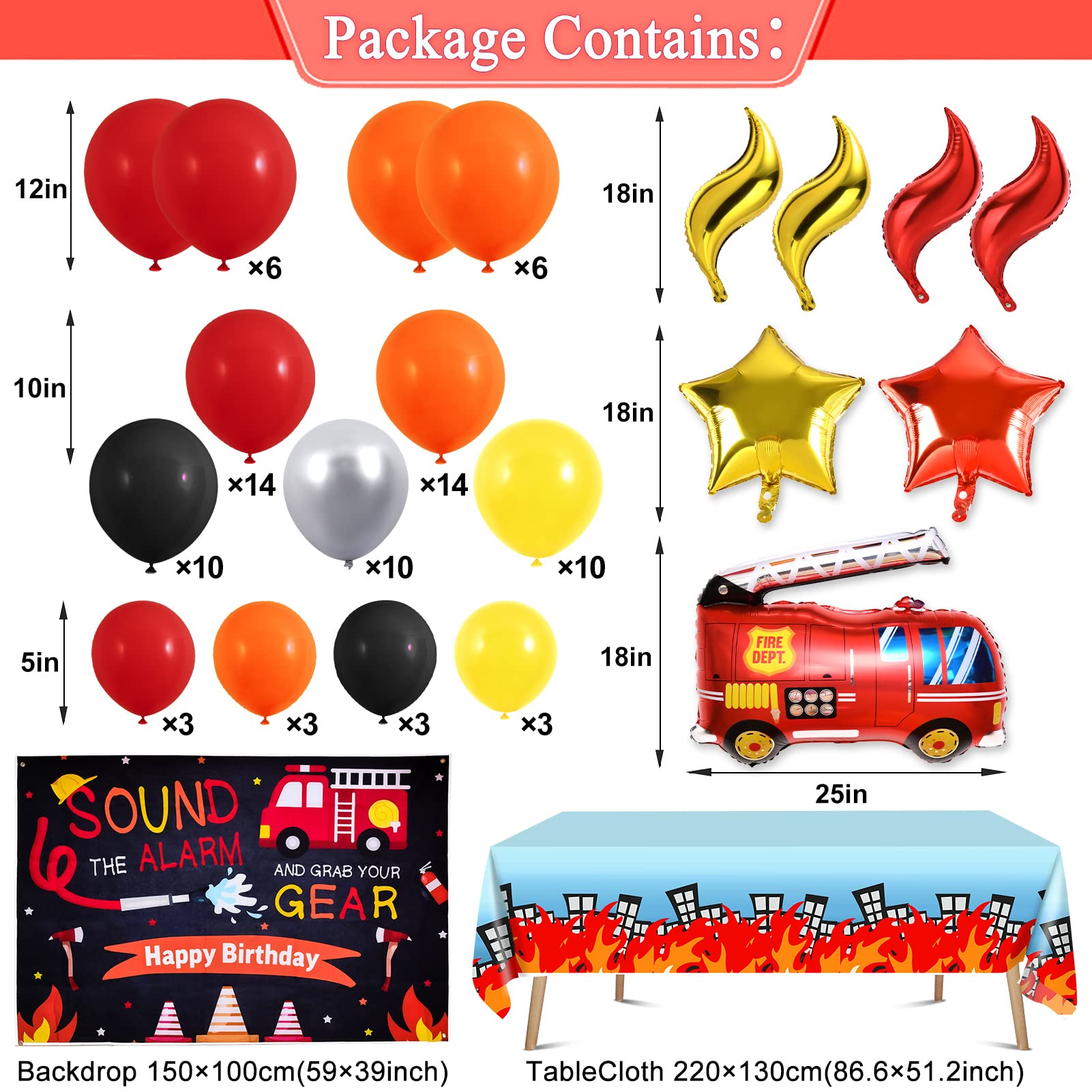 Winrayk Fire Truck Birthday Party Decorations Supplies for Boys Kids Teen, Fire Balloon Arch & Backdrop Tablecloth Fire Truck Flame Star Foil Balloon Fireman Firefighter Firetruck Birthday Decorations