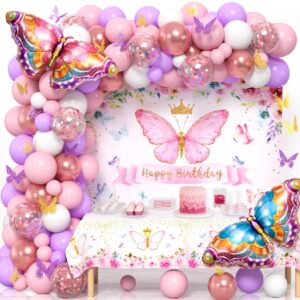 winrayk butterfly birthday party decorations girls women, pink purple butterfly balloons arch & backdrop tablecloth butterfly wall decor foil balloons, fairy butterfly theme party decorations supplies