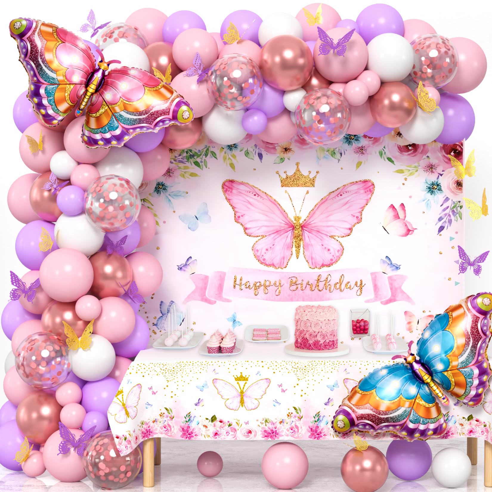 Winrayk Butterfly Birthday Party Decorations Girls Women, Pink Purple Butterfly Balloons Arch & Backdrop Tablecloth Butterfly Wall Decor Foil Balloons, Fairy Butterfly Theme Party Decorations Supplies