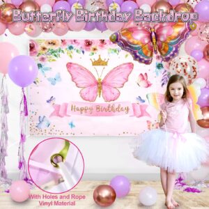 Winrayk Butterfly Birthday Party Decorations Girls Women, Pink Purple Butterfly Balloons Arch & Backdrop Tablecloth Butterfly Wall Decor Foil Balloons, Fairy Butterfly Theme Party Decorations Supplies