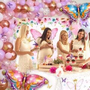 Winrayk Butterfly Birthday Party Decorations Girls Women, Pink Purple Butterfly Balloons Arch & Backdrop Tablecloth Butterfly Wall Decor Foil Balloons, Fairy Butterfly Theme Party Decorations Supplies