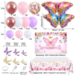 Winrayk Butterfly Birthday Party Decorations Girls Women, Pink Purple Butterfly Balloons Arch & Backdrop Tablecloth Butterfly Wall Decor Foil Balloons, Fairy Butterfly Theme Party Decorations Supplies