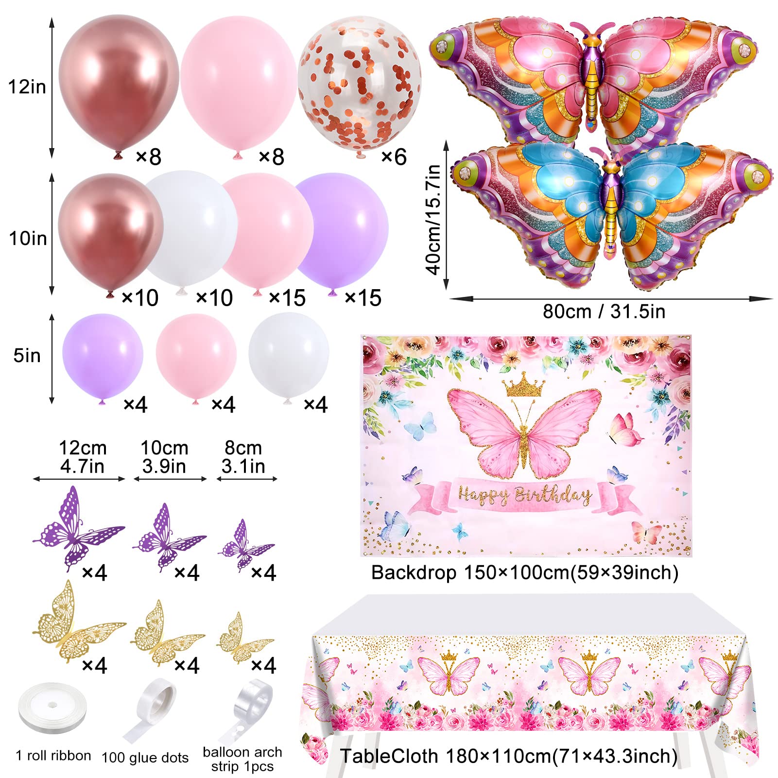 Winrayk Butterfly Birthday Party Decorations Girls Women, Pink Purple Butterfly Balloons Arch & Backdrop Tablecloth Butterfly Wall Decor Foil Balloons, Fairy Butterfly Theme Party Decorations Supplies