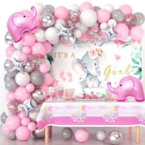 winrayk elephant baby shower decorations for girl pink elephant balloon garland arch kit it's a girl backdrop tablecloth star elephant foil balloon, toddler birthday party girl baby shower decorations