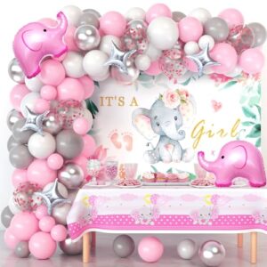 Winrayk Elephant Baby Shower Decorations for Girl Pink Elephant Balloon Garland Arch Kit It's a Girl Backdrop Tablecloth Star Elephant Foil Balloon, Toddler Birthday Party Girl Baby Shower Decorations