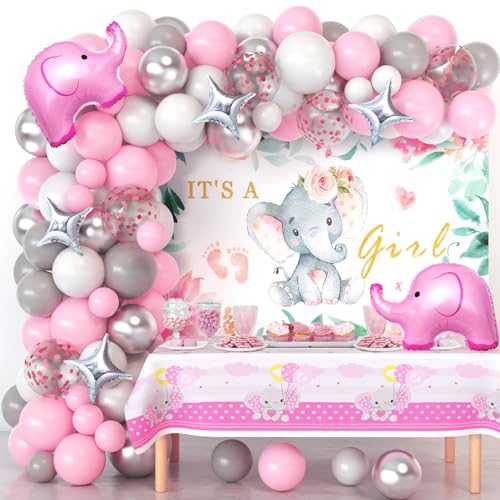 Winrayk Elephant Baby Shower Decorations for Girl Pink Elephant Balloon Garland Arch Kit It's a Girl Backdrop Tablecloth Star Elephant Foil Balloon, Toddler Birthday Party Girl Baby Shower Decorations