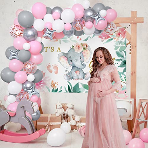 Winrayk Elephant Baby Shower Decorations for Girl Pink Elephant Balloon Garland Arch Kit It's a Girl Backdrop Tablecloth Star Elephant Foil Balloon, Toddler Birthday Party Girl Baby Shower Decorations