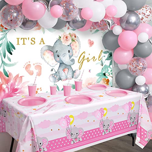 Winrayk Elephant Baby Shower Decorations for Girl Pink Elephant Balloon Garland Arch Kit It's a Girl Backdrop Tablecloth Star Elephant Foil Balloon, Toddler Birthday Party Girl Baby Shower Decorations