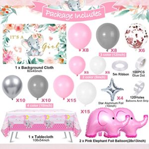 Winrayk Elephant Baby Shower Decorations for Girl Pink Elephant Balloon Garland Arch Kit It's a Girl Backdrop Tablecloth Star Elephant Foil Balloon, Toddler Birthday Party Girl Baby Shower Decorations