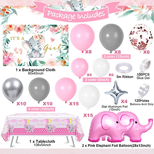 Winrayk Elephant Baby Shower Decorations for Girl Pink Elephant Balloon Garland Arch Kit It's a Girl Backdrop Tablecloth Star Elephant Foil Balloon, Toddler Birthday Party Girl Baby Shower Decorations