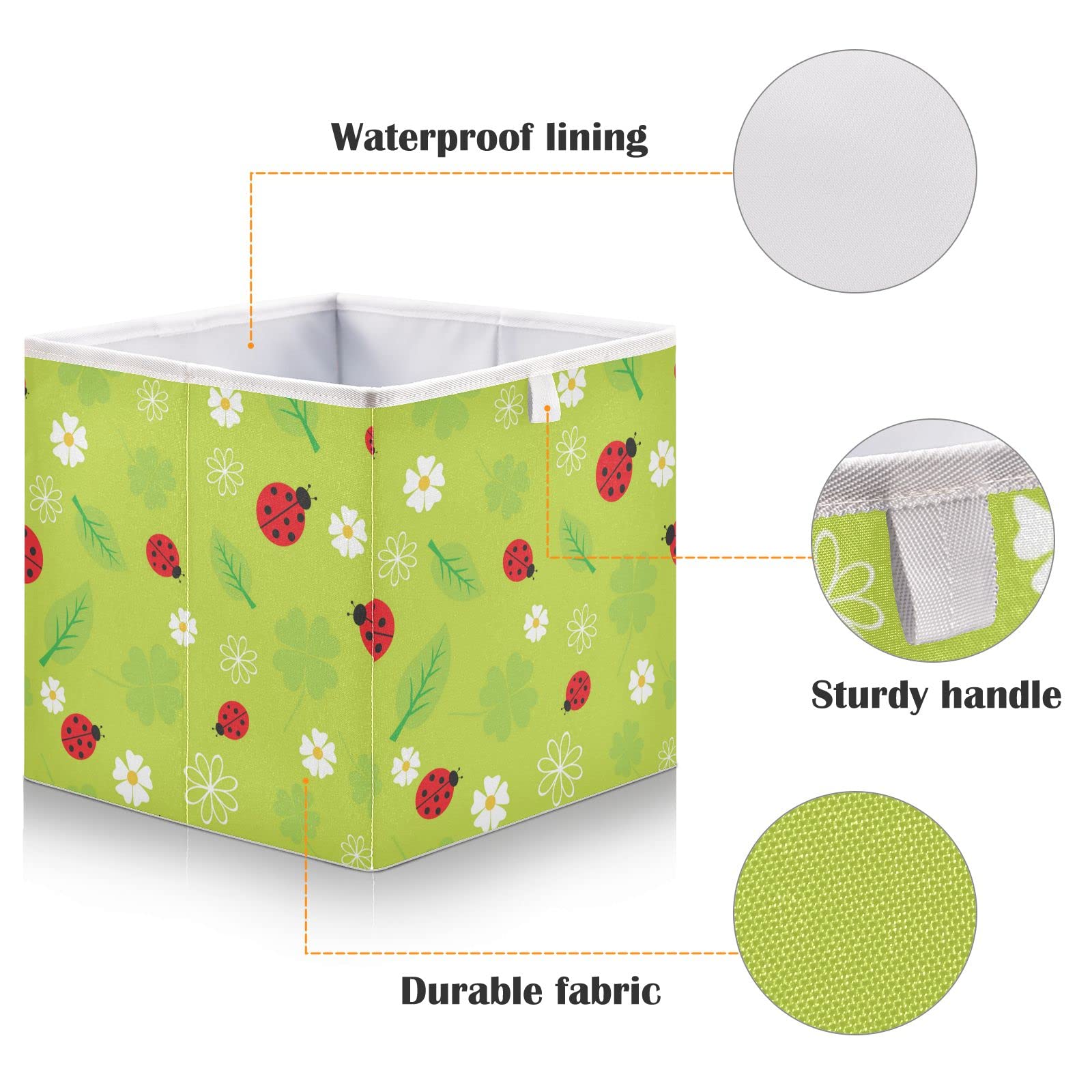 DOMIKING Beetles Ladybugs Collapsible Fabric Storage Cubes Bins with Handles Square Closet Organizer Waterproof Lining for Shelves Cabinet Nursery Drawer 11.02x11.02x11.02 Inches