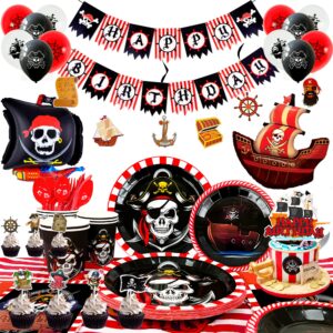 pirate birthday party supplies,161pcs pirate party decorations&tableware set-pirate haging swirln&pirate plates cups napkins tablecloth banner balloons etc pirate birthday party decorations for boys