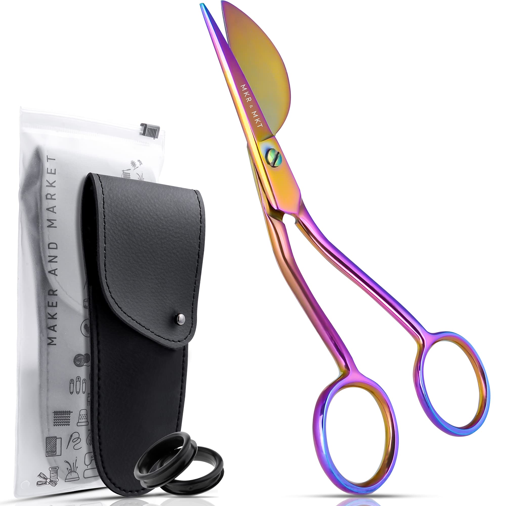 MAKER AND MARKET Applique Pelican Duckbill Blade 5.8 Inch - Double Bent Curved Offset Handle Scissors with Pouch Sleeve for Embroidery, Fabric, Thread, Knitting, Sewing, Arts & Craft (Rainbow)